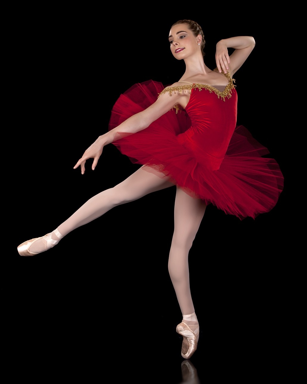 Auburn Ballet Girl wearing White Opaque Pantyhose and Red Tutu Mini Dress
